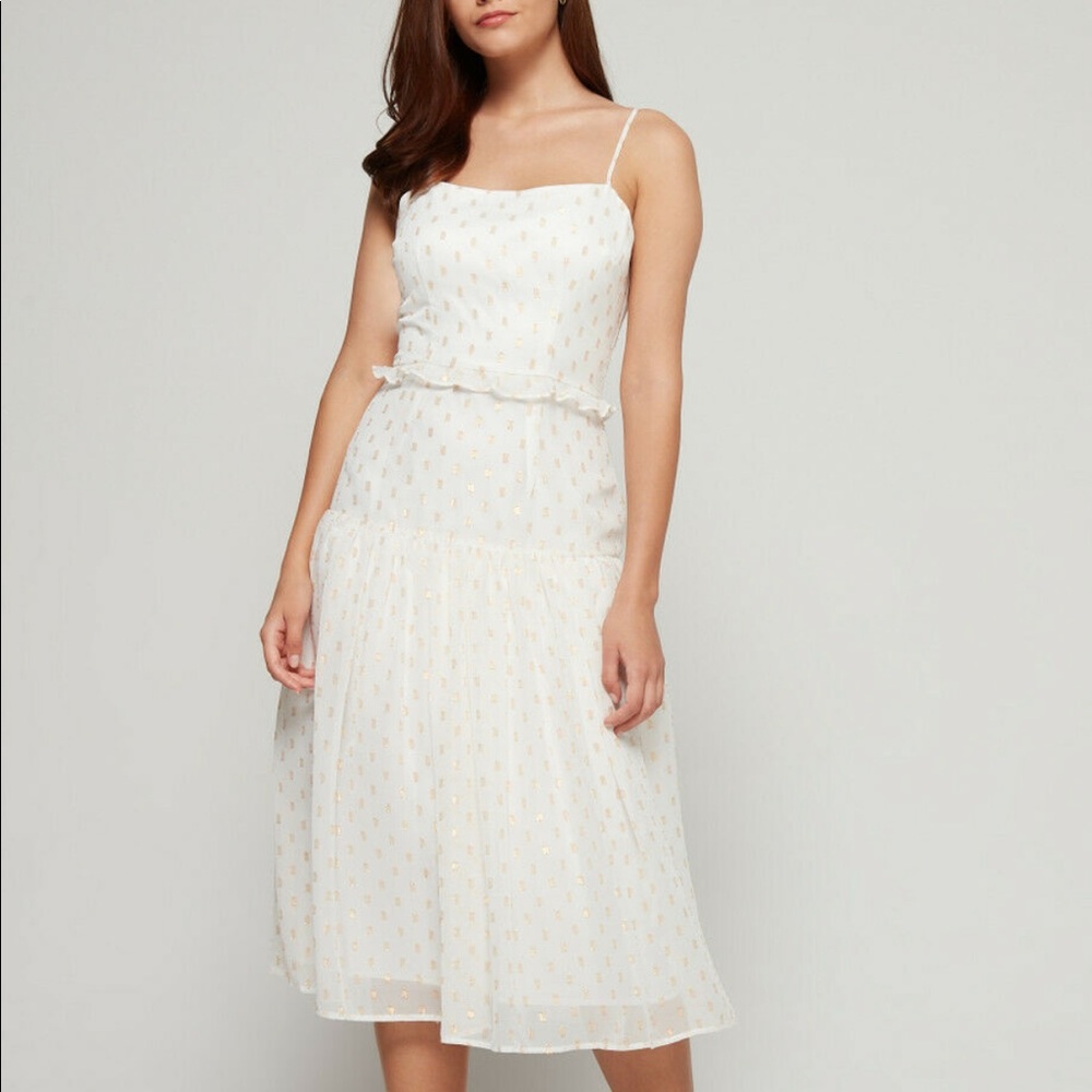 Nordstrom White and Gold Embroidery Midi Dress